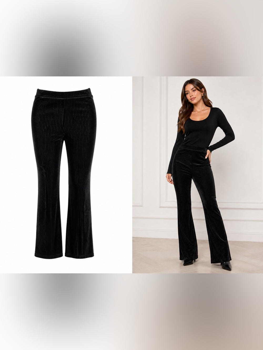 Black Ribbed Velvet Flare Pants